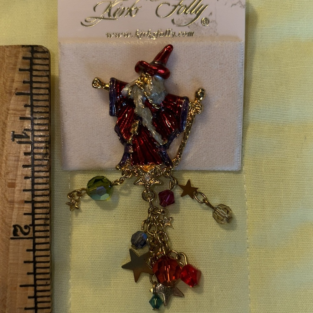 Vtg. KIRKS FOLLY Merlin Wizard Magician, gt w/red &multicolor dangles - Picture 5 of 5